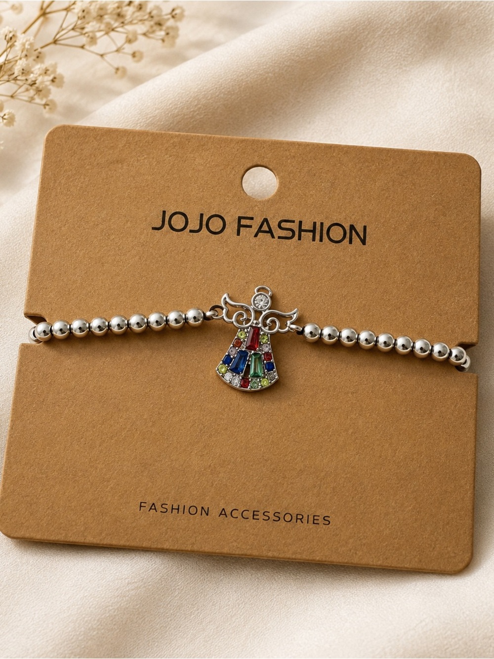 Jojo Fashion Silver Beaded Bracelet with Angel Charm